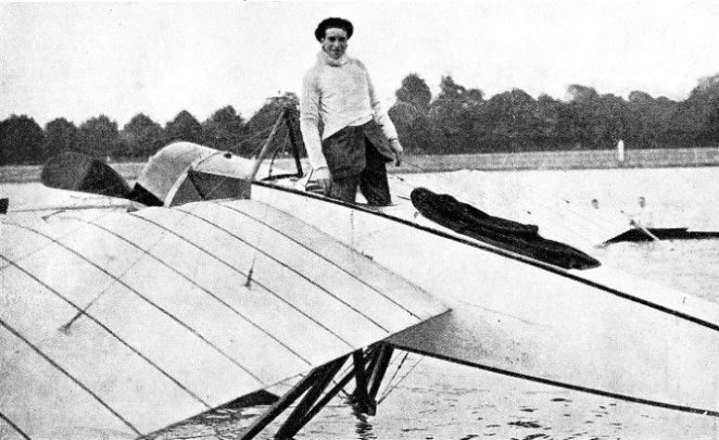 Grahame-White is shown in the cockpit of a seaplane in which he flew from Paris to Putney