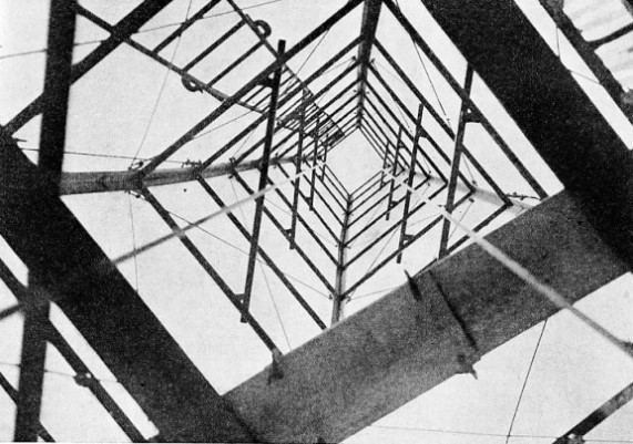 This photograph was taken looking up the framework intended to guide a rocket on a projected flight to the moon