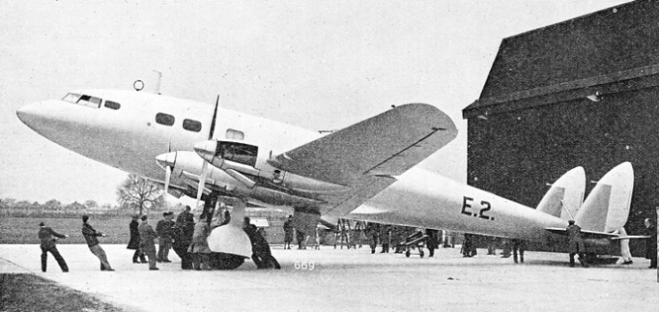 This photograph shows a De Havilland Albatross type aircraft being brought out for flight trials