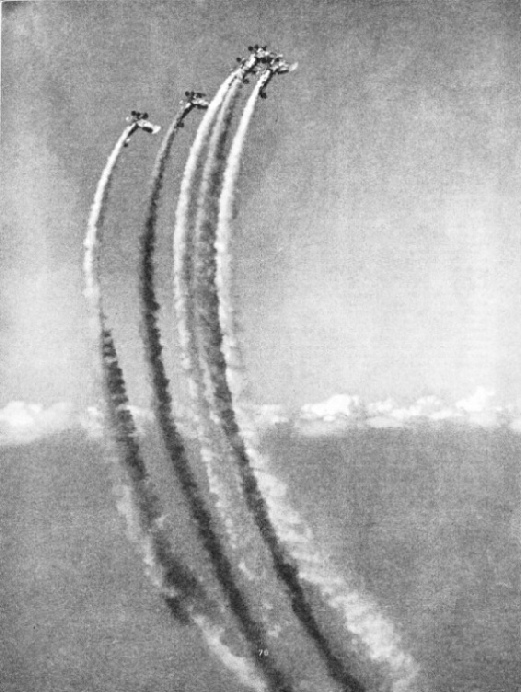 AEROBATICS IN FORMATION, with streamers of coloured smoke tracing each evolution against the sky